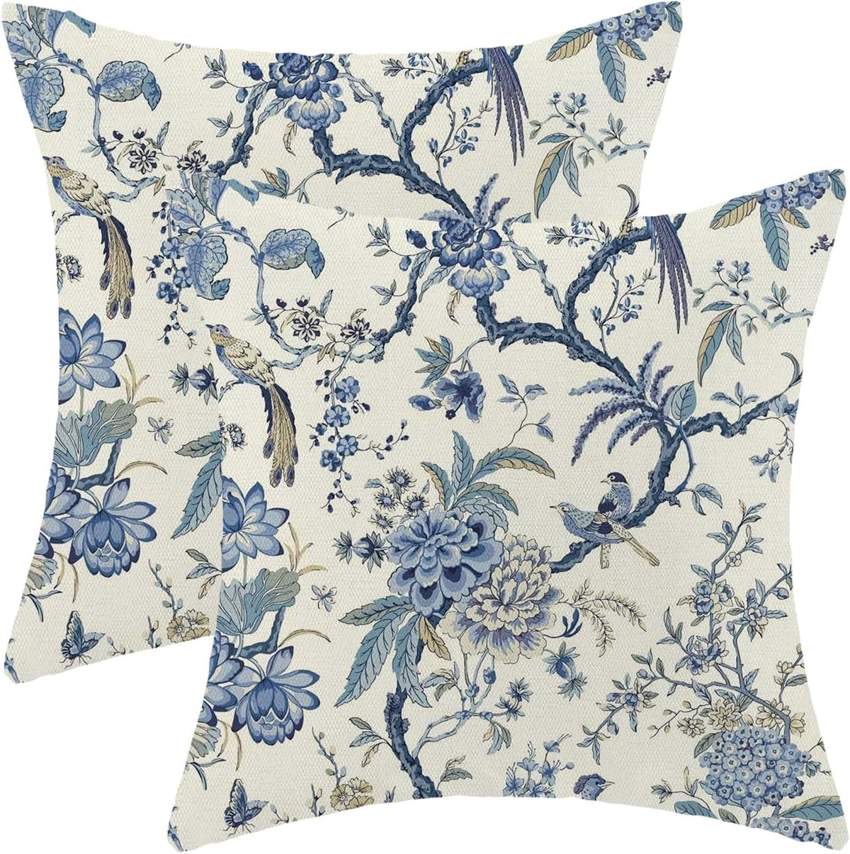 CXMEIFLY Spring Floral Birds Pillow Covers 22 x 22 Inch Set of 2 for Chinoiserie Flowers Decor Throw Pillows Blue and White Plant Outdoor Decorative Cushion Cases for Couch Bed Decorations