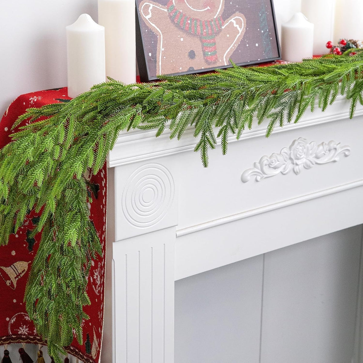 Watayo 4 Pcs Christmas Norfolk Pine Garland, 6 Ft Dense Real Touch Pine Garland Ornament, Realistic Artificial Pines Greenery Garlands for Mantle, Table, Fireplace, Indoor, Outdoor Xmas Decoration