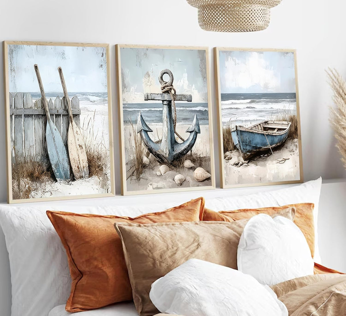 3Pcs Nautical Beach Wall Art Sailboat Paddle and Anchor Paintings Pictures Wall Decor Nautical Coastal Posters Prints Artwork for Living Room Bedroom Home Office Corridor Home Decroation Unframed