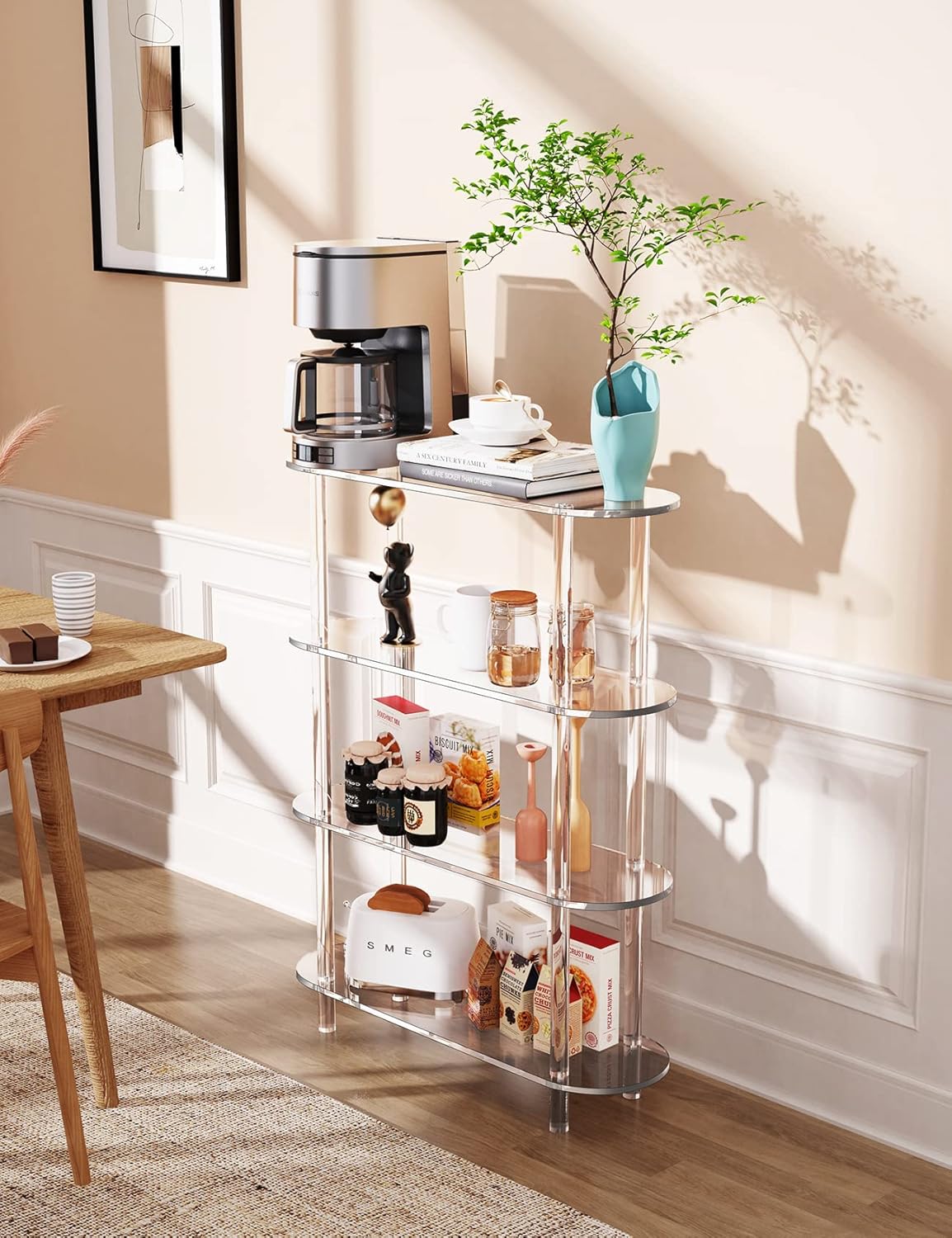 Clear Bookshelf, Acrylic Bookcase with Open Book Shelf Console Table for Entryway Office Living Room Bedroom (4 Tier Clear)