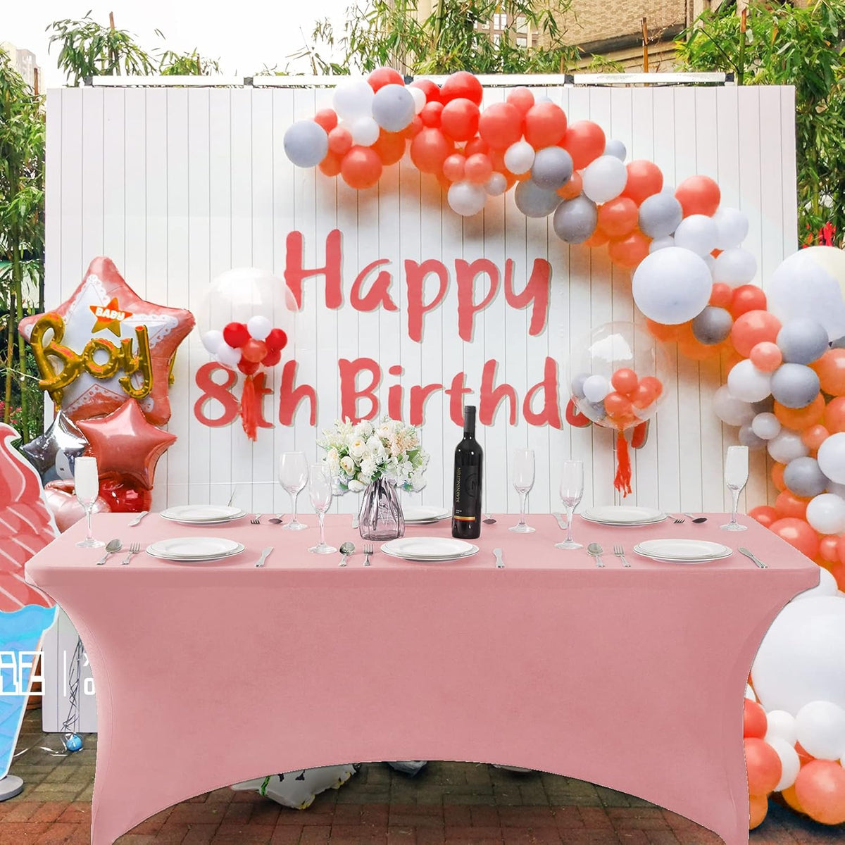 SuperO Waterproof Spandex Table Cover for 8FT Table Universal Fitted Stretch Tablecloth for Party, Banquet, Wedding and Events-Dusty Pink
