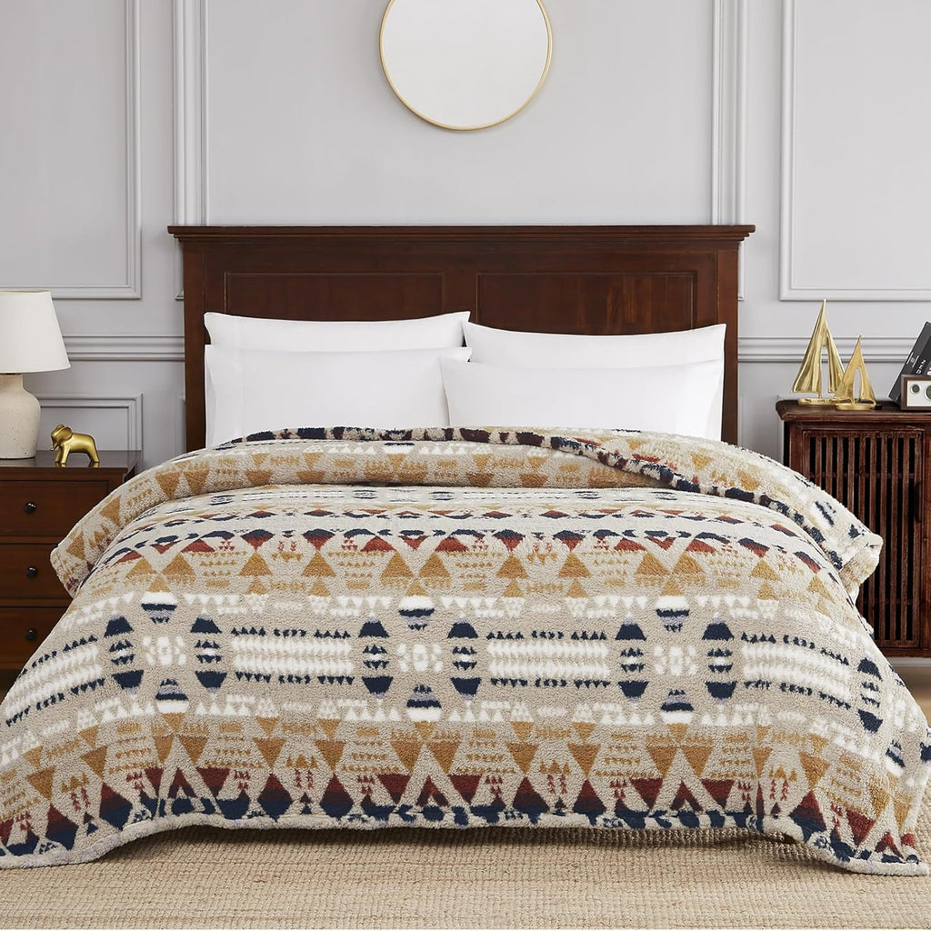 CASAAGUSTO Boho Sherpa Throw Blanket, Aztec King Size Blanket, Ultra Soft, Warm, Cozy, Plush, Thick Fleece Bohemian Throw Blanket for Couch, Bed, Sofa (Khaki 108 * 90 Inch)