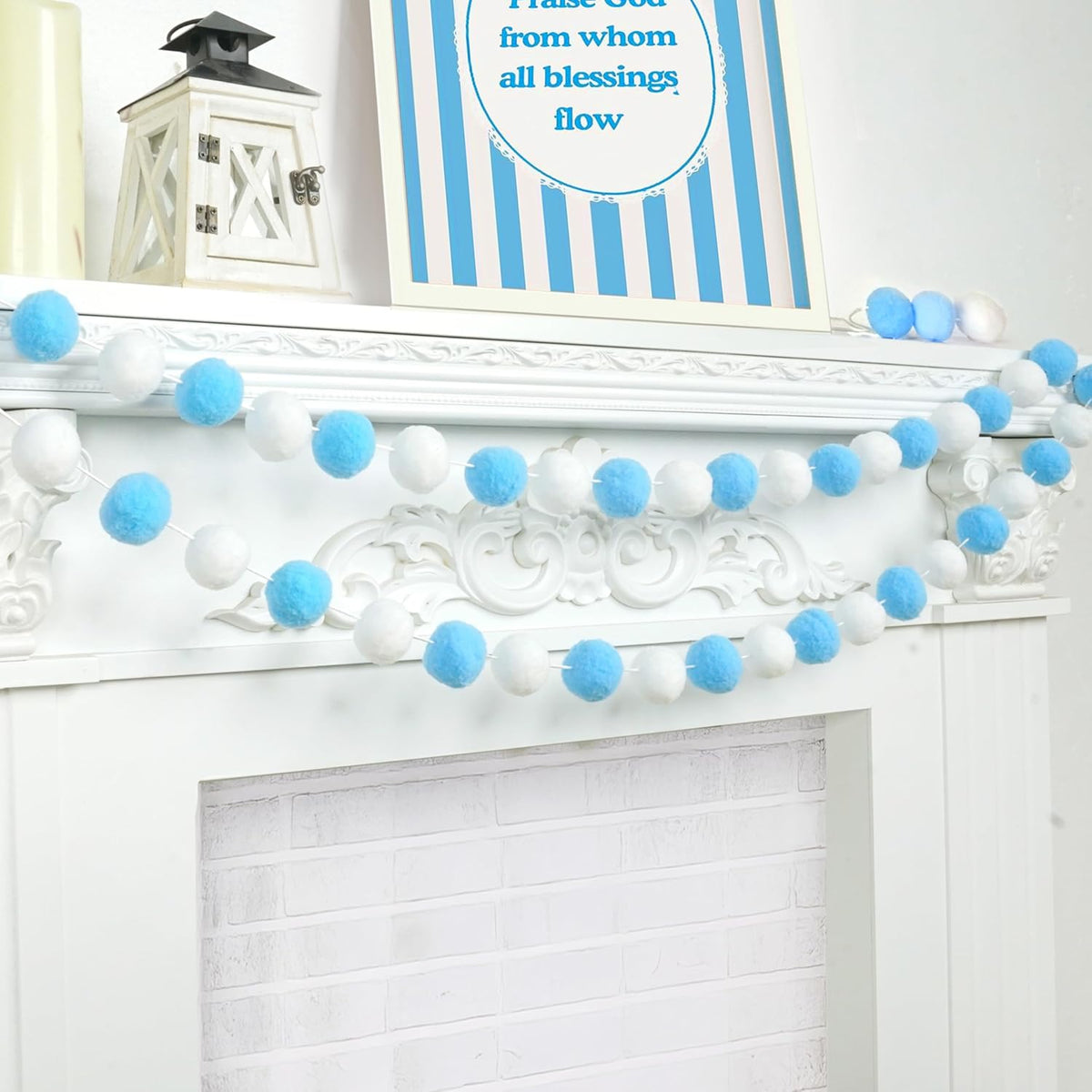 XmasExp Pom Pom Garland Decorations - Large Blue Felt Ball Garland for Mantle, Gender Reveal, Baby Shower, Tree Ornaments and Party Hanging Decor,13 Ft. (Blue, 1.57")