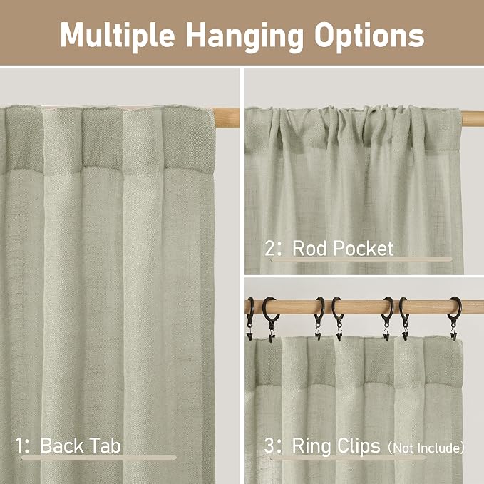 Sage Grey Linen Boho Sheer Curtains 84 inch Length 2 Panels | Light Filtering - Image 3