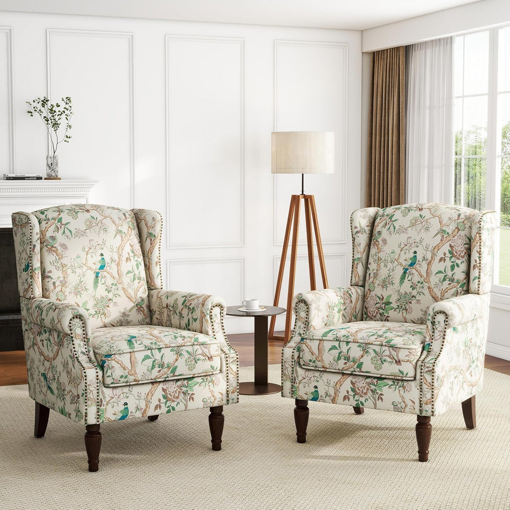 UIXE High Back Accent Chairs Set of 2, Fabric Upholstered Armchair for Living Room, Retro Printed Wingback Arm Chair Rivet Trimed Single Sofa Bedroom Reading Seat - Bird Floral
