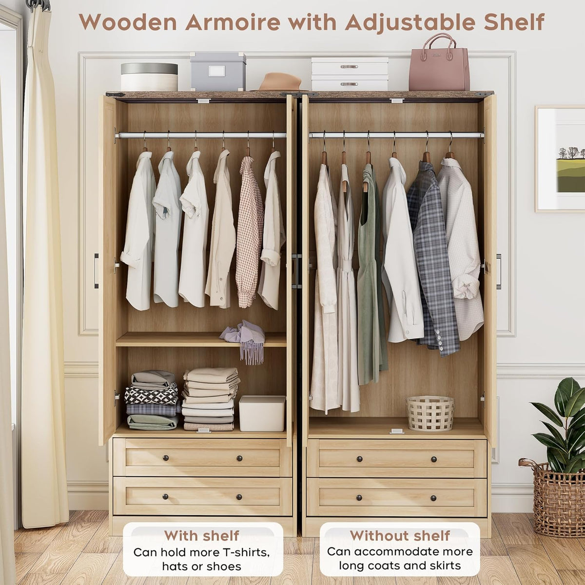 Brafab Armoire Wardrobe Closet with 2 Modern Doors Set of 2, 71" Tall Freestanding Closet Wardrobe Cabinet with Drawers and Hanging Rail, Wooden Storage Cabinet with Shelve for Bedroom,Natural
