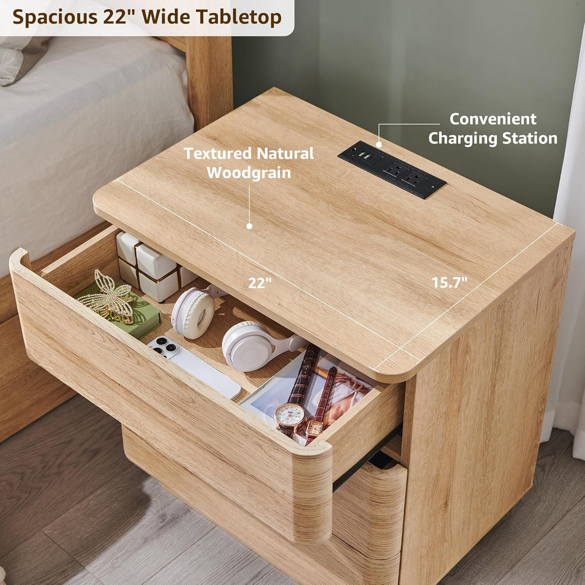 JXQTLINGMU 22" Modern Nightstand Set of 2 with Charging Station, Large Push-to-Open End Table, Wood Bedside Table, Curved Profile, Handleless 3 Drawer Night Stand for Bedroom, Living Room, Natural Oak