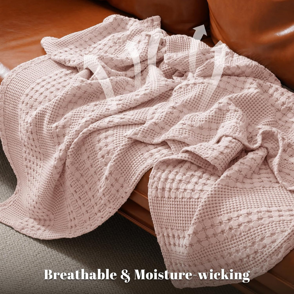 PHF 100% Cotton Waffle Weave Blanket Twin Size, Soft Lightweight Breathable Cozy Summer Blankets for Bed, Luxury Aesthetic Woven Bedding for Home Decor, 66"x90", Pink/Mauve