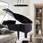 Round Black Glass Wagon Wheel Chandelier, Chandelier with Water Ripple Textured Recycled Clear Glass Piece, Modern Industrial Pendant Light with Metal Frame, Lighting Fixture for Living Room, Foyer