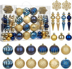 92ct Christmas Tree Decoration Set Christmas Ball Ornaments with Srtings Shatterproof Christmas Baubles for Christmas Holiday Wreath Garland Party Decoration, Blue-Gold