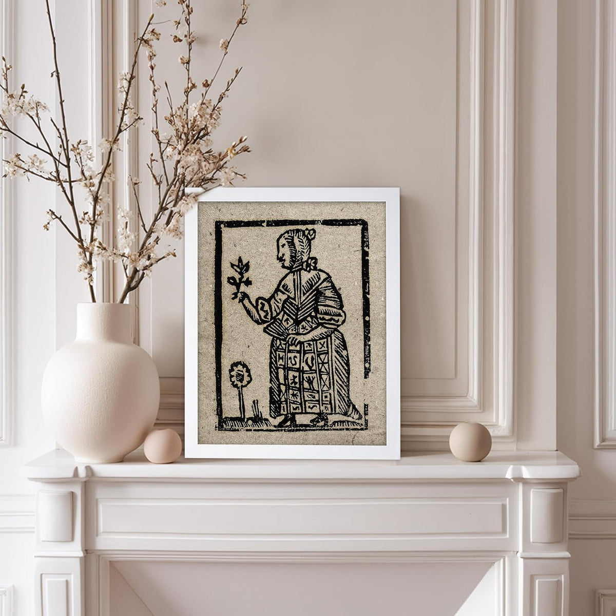 Poster Master Vintage Woodcut Poster - Retro Medieval Print - Gift for Gothic, Horror Fan - Witch Holding a Plant, Magic, Spell, Herbalist - Wall Decor for Bedroom, Dorm, 11x14 White Framed