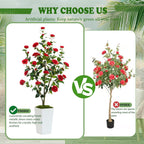 Artificial Camellia Tree 5FT Faux Trees Indoor Fake Floral Plant Blooming Tree with Red Flowers & White Tall Planter, Faux Camellia Plants for Porch Home Room Bedroom Office Front Door Outdoor Decor