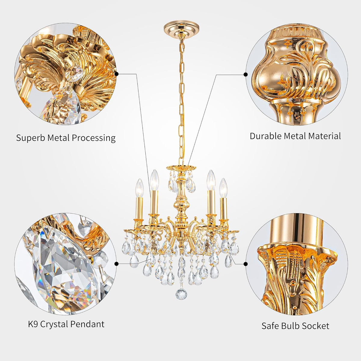 French K9 Crystal Maria Theresa Chandeliers, Luxury Vintage Pendant Light Fixture for Dining Room, Living Room, D17.7*H25~72 inch (Adjustable), Clear Crystal & Brass Finish Frame