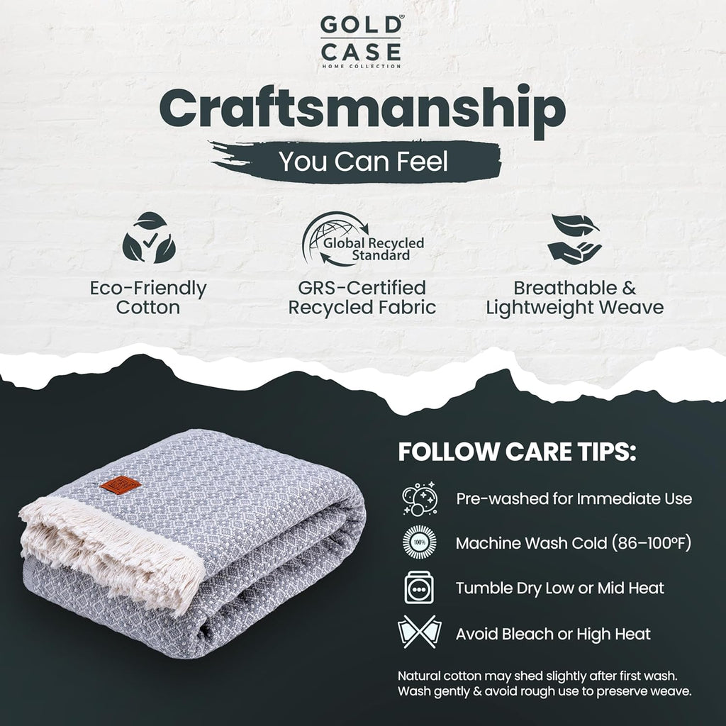 Gold Case Throw Blanket for Bed – 100% Recycled Turkish Cotton Bed Blanket – Decorative Throw Cotton Blankets for Living Room & Bedroom – Retro Grey Woven Queen Blankets – 90x90