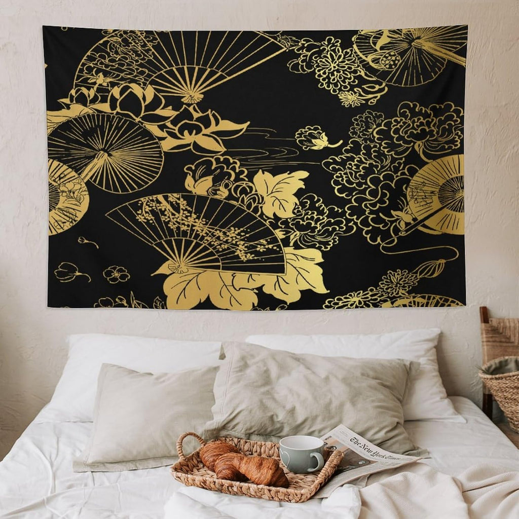 HZOHNAGO Japanese Tapestry Gold Flowers Umbrella Fan Pattern Printed Wall Tapestry Painting Wall Hanging for Bedroom Living Room Dorm 90" W x 60" H