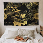 HZOHNAGO Japanese Tapestry Gold Flowers Umbrella Fan Pattern Printed Wall Tapestry Painting Wall Hanging for Bedroom Living Room Dorm 90" W x 60" H