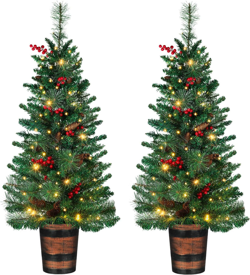 Set of 2 Christmas Trees with Lights 4-FT Artificial Potted Porch Berries and Pinecone Christmas Tree Battery Powered with 8 Modes and Timer for Indoor Outdoor