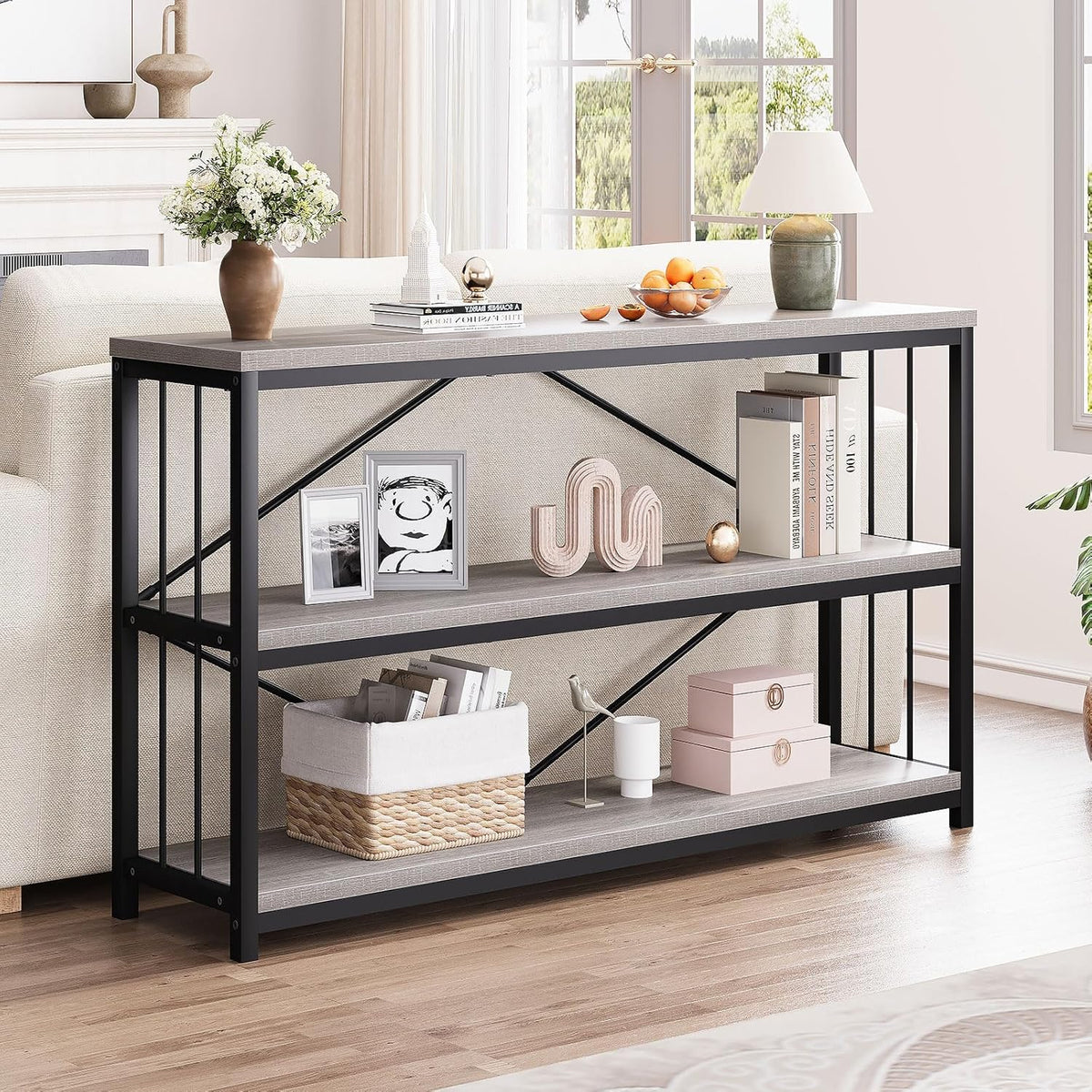 LVB Farmhouse Entryway Table, Metal Wood Console Table for Hallway, Industrial Rustic Sofa Table with 3-Tier Storage Shelf, Modern Entry Table for Foyer Front Home Living Room, Light Grey Oak, 47 inch