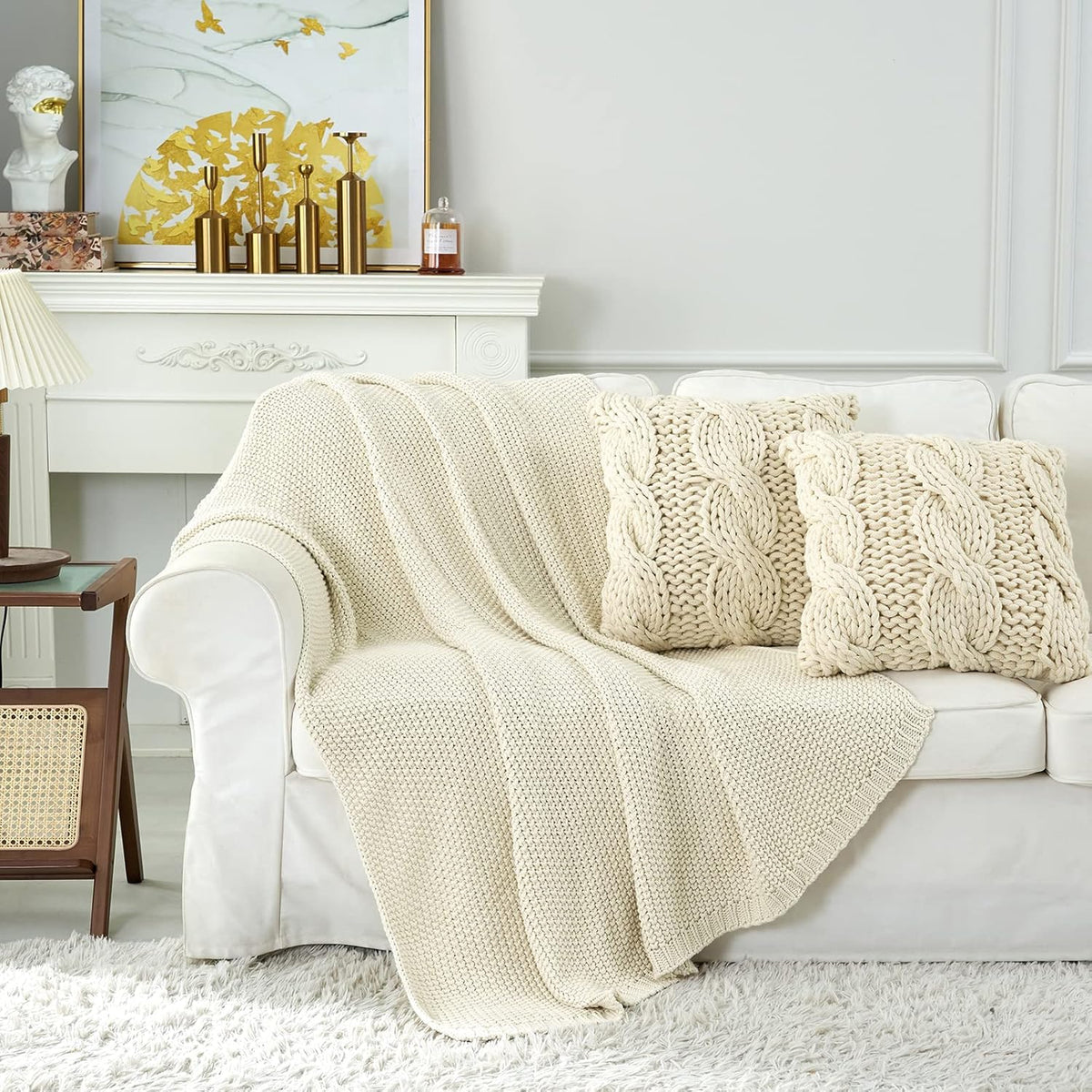 Longhui bedding Chunky Cable Knit Throw Blanket Lightweight Cream 100% Organic Cotton Blanket for Sofa Couch Bed Baby Nursery, Rustic Shabby Chic Modern Farmhouse, 60” x 80” Give Laundering Bag