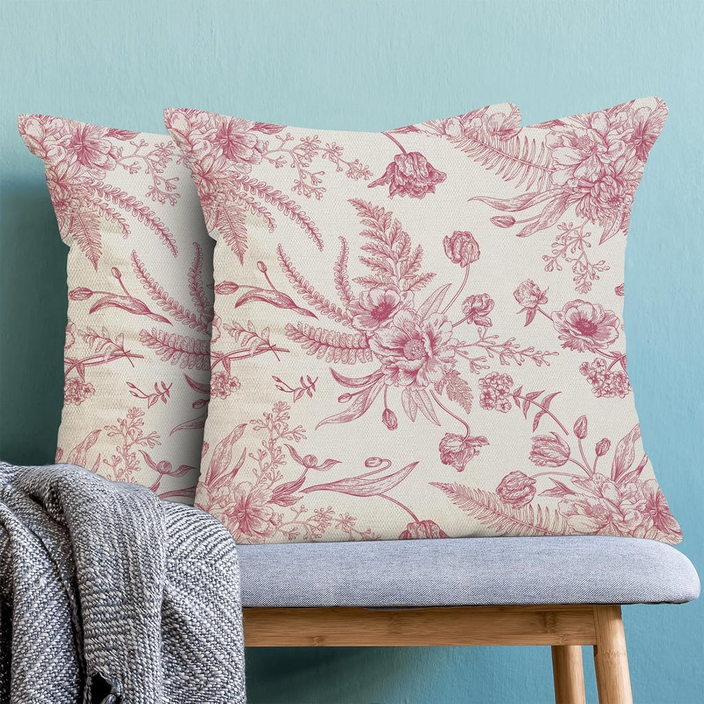 CXMEIFLY Hot Pink Spring Pillow Covers 20 x 20 Inch Set of 2 for Chinoiserie Flowers Decor Throw Pillows Floral Leaves Seasonal Plant Outdoor Decorative Cushion Cases for Couch Bed Decorations