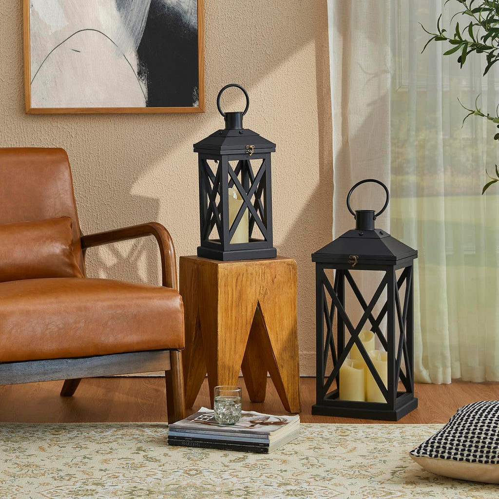 Glitzhome Modern Farmhouse Wooden Lantern Hanging Decorative Candle Lantern for Outdoor & Indoor Black Set of 2 (No Glass)