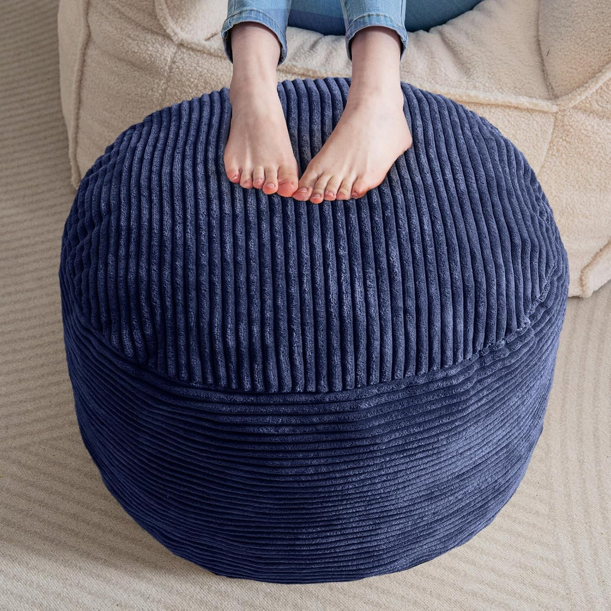 HIGOGOGO Round Stuffed Pouf Ottoman, Corduroy Poufs with Foam Chunk Filling, Furry and Fluffy Pouf Foot Stool Storage Ottoman, 20 X 15 Floor Poufs Foot Rest for Living Room, Navy