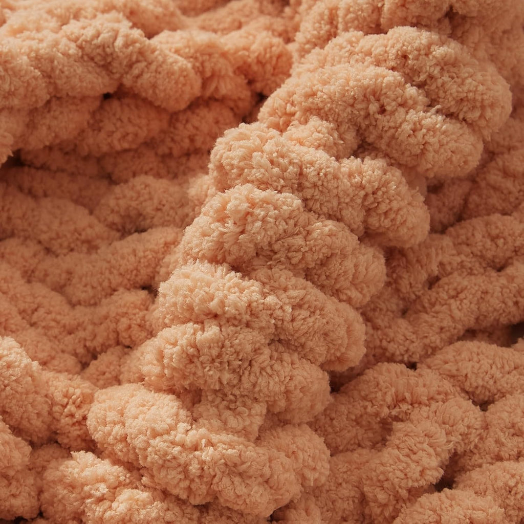 WESHIONGOO Chunky Knit Blanket Throw Knitted Throw Blankets for Couch Bed Fluffy Soft Blanket with Jumbo Chenille Yarn Thick 100% Handmade(Peach Fuzz, 50"×60")