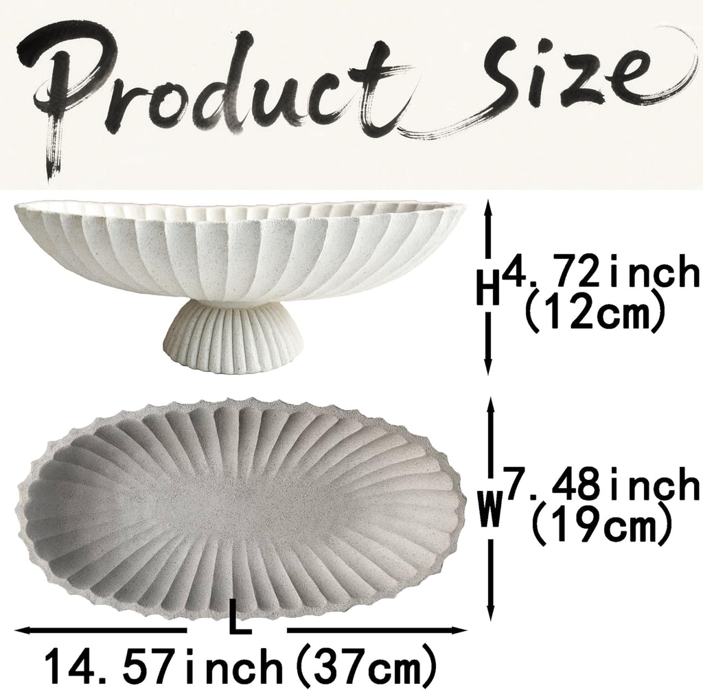 14.5" Large Decorative Long Bowl - Light Gray Fluted Scalloped Decorative Bowls for Home Decor - Ruffle Decor,Stylish Key Bowl for Entry Table,Decorative Fruit Bowl for Kitchen Counter
