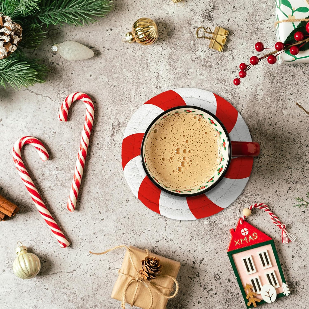 Whaline Christmas Candy Cotton Coasters Red White Peppermint Handmade Braided Drink Coasters Absorbent Cup Mats for Xmas Holiday Party Home Table Decor, Set of 4
