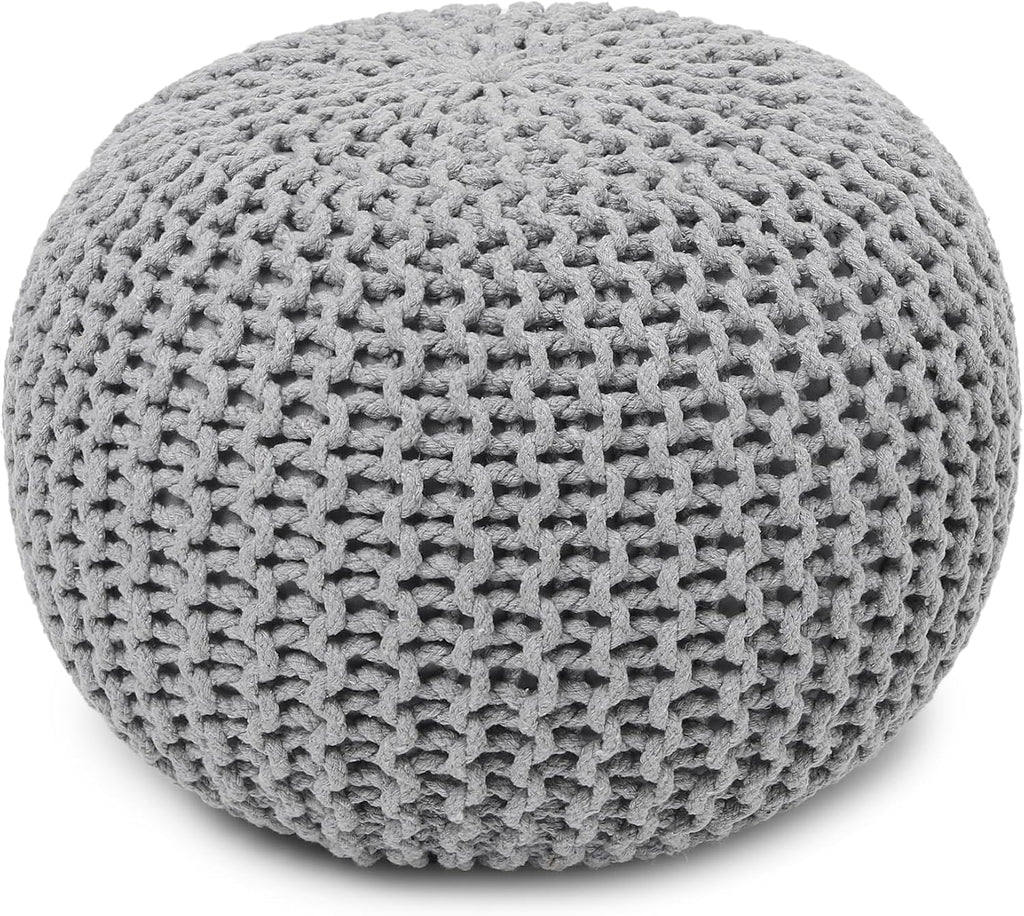 REDEARTH Round Boho Pouf Ottoman - Cable Knitted Cord Boho Pouffe - Stuffed Poof Accent Beanbag Footrest for Living Room - Nursery - Bedroom - Covered Patio - Study Nook (18”x18”x14”) - Gray-S