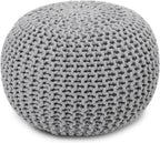 REDEARTH Round Boho Pouf Ottoman - Cable Knitted Cord Boho Pouffe - Stuffed Poof Accent Beanbag Footrest for Living Room - Nursery - Bedroom - Covered Patio - Study Nook (18”x18”x14”) - Gray-S