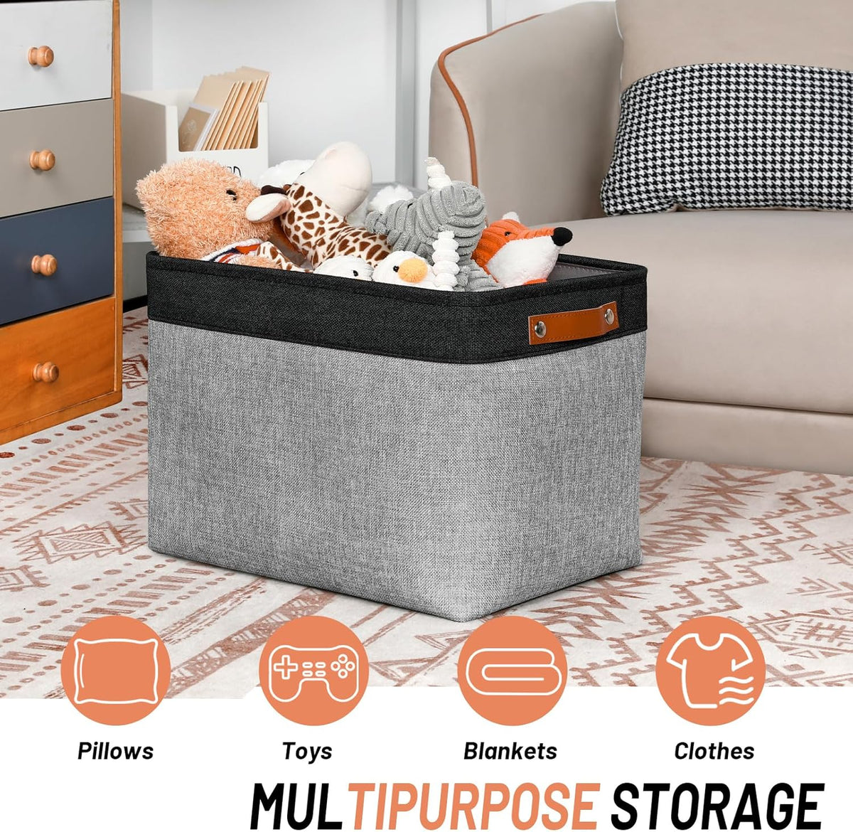 DULLEMELO Fabric Storage Bins - Decorative Large Baskets for Home Shelves & Bedroom, Canvas Toy Organizers (Black & Gray)
