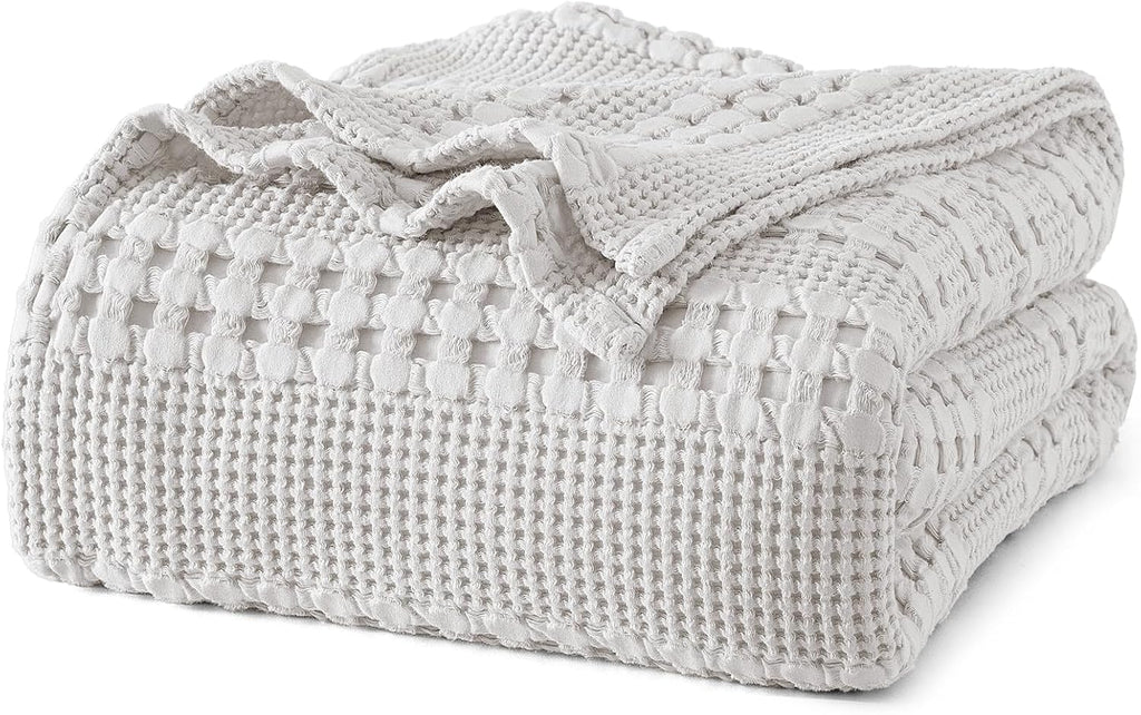 PHF 100% Cotton Waffle Weave Blanket Queen Size, Soft Lightweight Breathable Cozy Summer Blankets for Bed, Luxury Aesthetic Woven Bedding for Home Decor, 90"x90", Light Grey