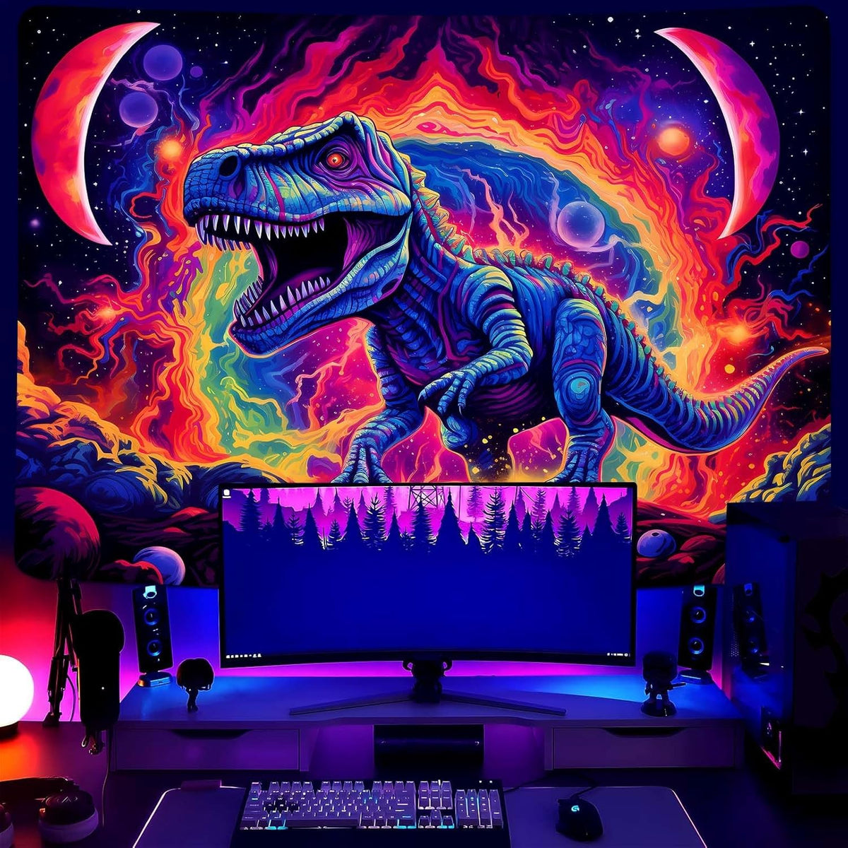 Dinosaur Wall Art, Blacklight Posters for Boys Room, UV Tapestry for Bedroom, Trippy Kids Wall Hanging, Dino Wall Decor (29x37in)