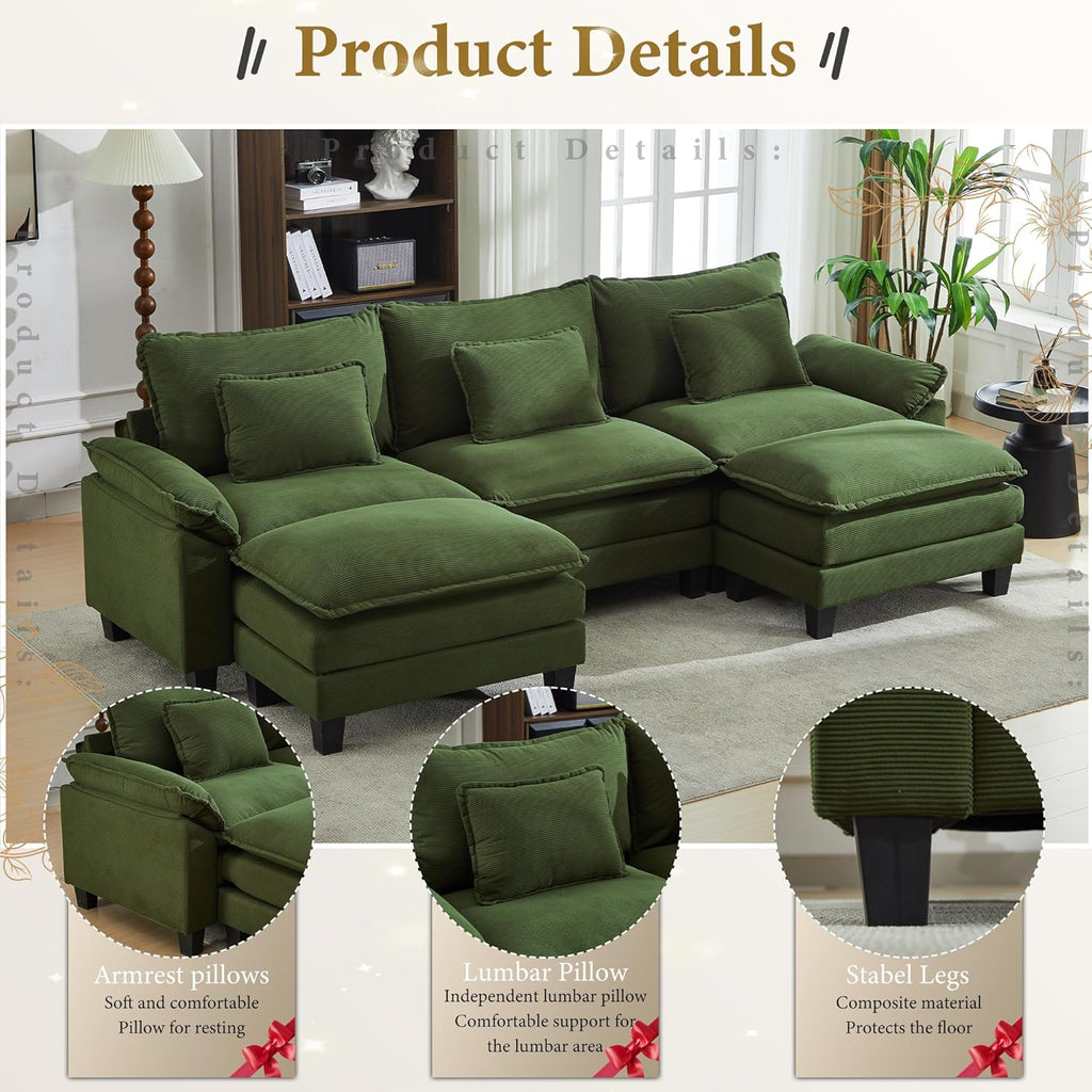 URRED Modular Sectional Sofa Comfy Cloud Couch, Modern Corduroy Sofa Sleeper Deep Seat Couches with Ottoman/Pillows for Living Room (Green, 117'' - U Shape)