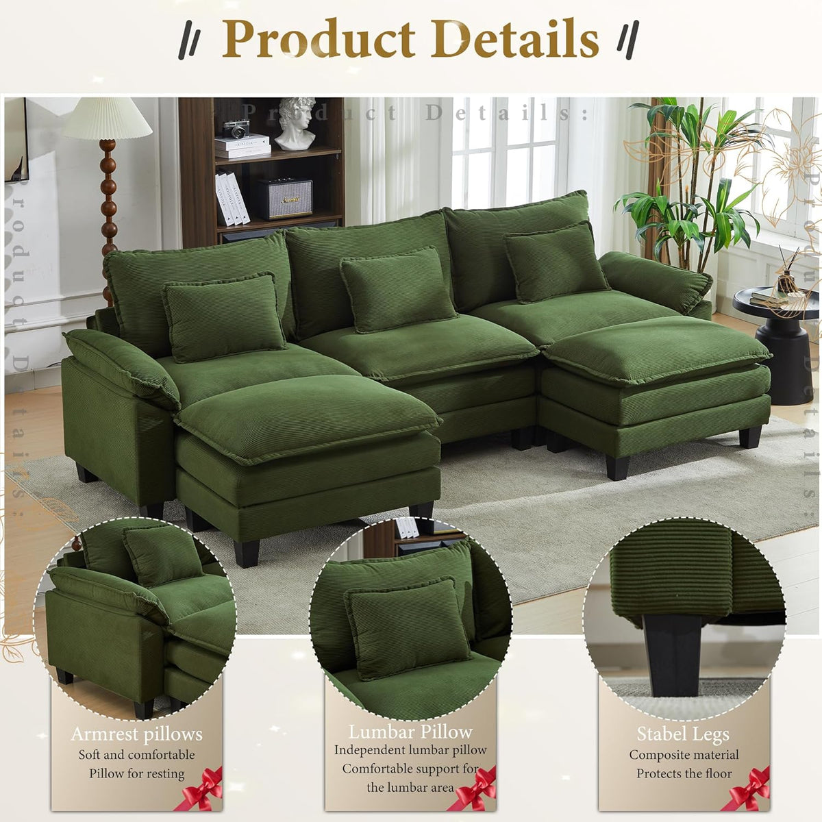 URRED Modular Sectional Sofa Comfy Cloud Couch, Modern Corduroy Sofa Sleeper Deep Seat Couches with Ottoman/Pillows for Living Room (Green, 117'' - U Shape)