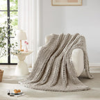 L'AGRATY Chunky Knit Blanket Throw: 80''x90'' Chenille Chunky Knitted Throw Blankets for Bed Couch - Handmade Thick Big Cable Knit Blanket - Large Crochet Rope Blankets for Home Decor(Light Linen)