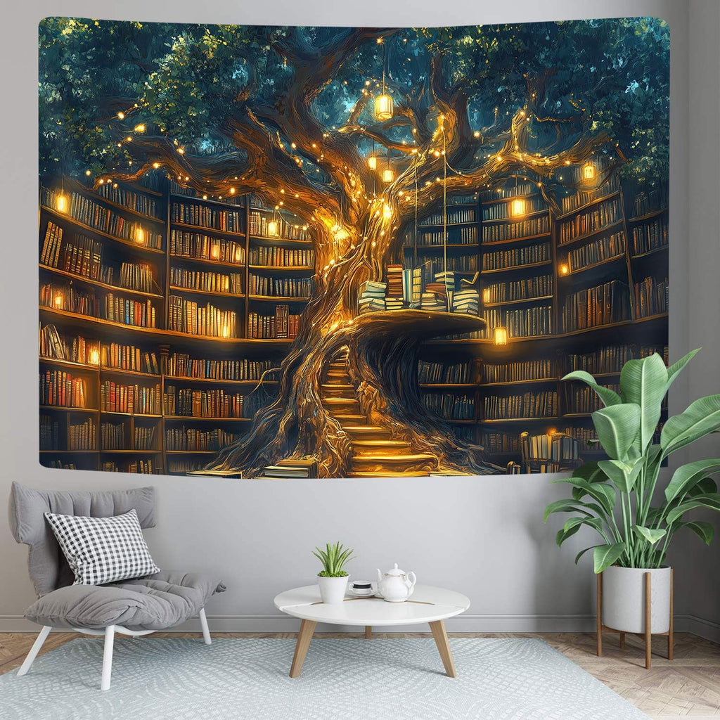 GOAOK Fantasy Library Tapestry For Classroom, Mysterious Tree Magic Bookshelf Aesthetic Tapestries, Witchy Fairytale Tree Vintage Bookshelf Book Art Tapestry Wall Hanging College Room Bedroom, 80"X60"