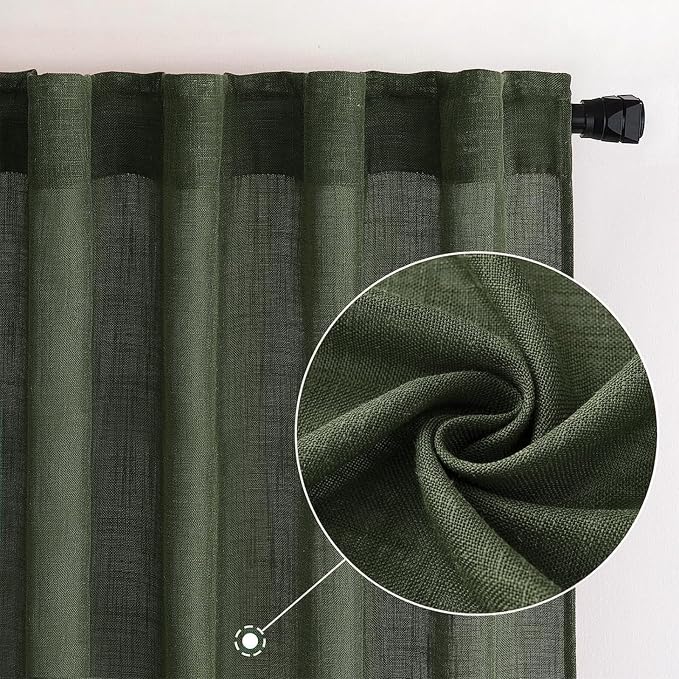 MIULEE Olive Green Linen Curtains 37x90 Inch Length 2 Panels | Bedroom Living - Image 2