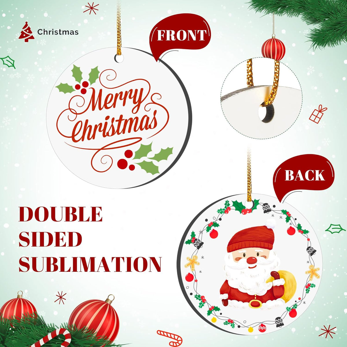 Joyclub 8 Pcs 3'' Sublimation Ornament Blanks MDF Sublimation Christmas Ornaments Bulk Round Double Sided Ornaments for Personalized Xmas Tree Ornament Home Decor DIY Crafts