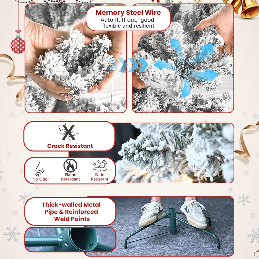 7.5 ft Prelit Flocked Christmas Tree, Lighted Full Christmas Tree with Pine Cones & 550 UL Lights, Snow Frosted Artificial Christmas Tree with Lights, Auto Hinged Xmas Tree for Holiday Décor