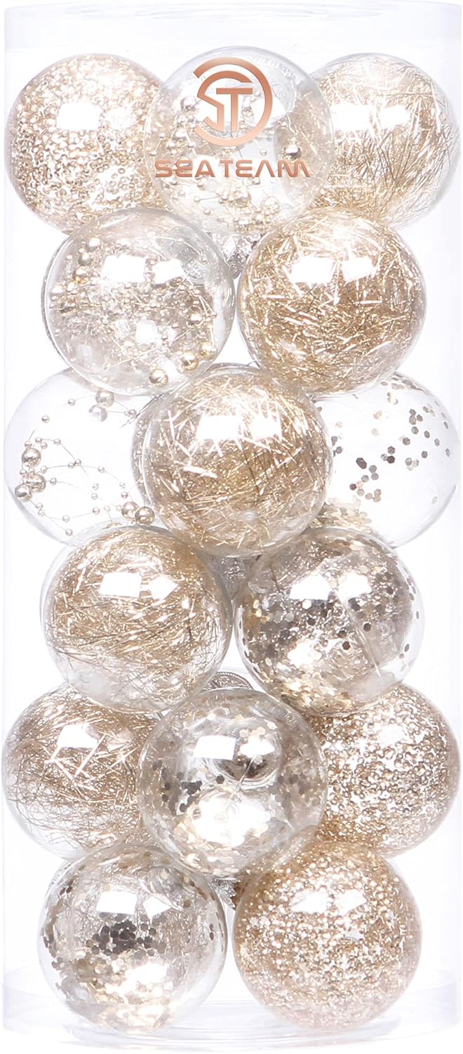 Sea Team 70mm/2.76" Shatterproof Clear Plastic Christmas Tree Ball Ornaments Set, Decorative Hanging Transparent Xmas Baubles with Stuffed Delicate Decorations (24 Counts, Champagne)