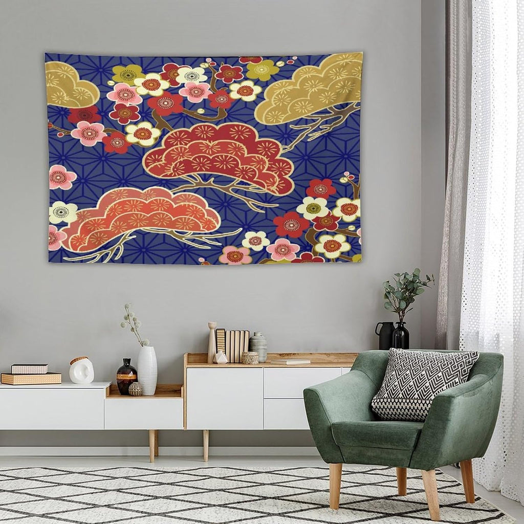 HZOHNAGO Japanese Tapestry Art Abstract Colorful Cherry Blossom Blue Background Pattern Printed Wall Tapestry Painting Wall Hanging for Bedroom Living Room Dorm 60" W x 40" H