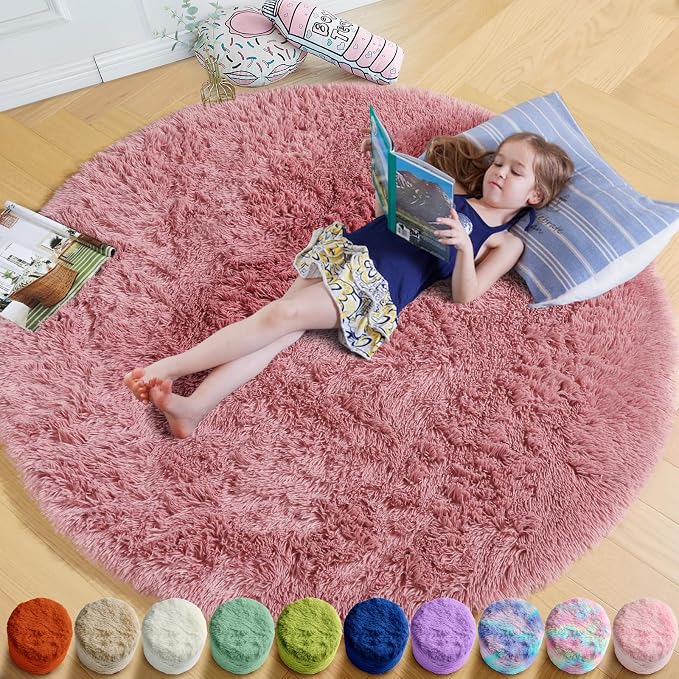 Amdrebio Blush Pink Fluffy Round Circle Rug 4Ft by Amdrebio