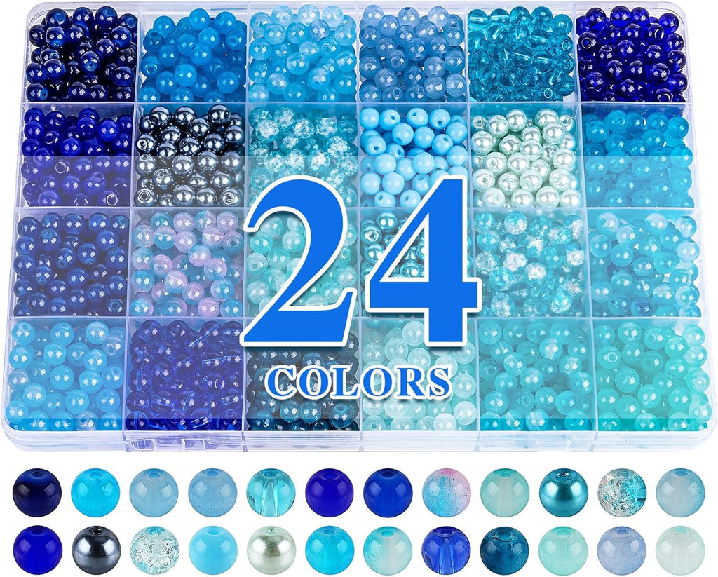 XSEINO About 1200PCS 6mm Glass Beads Bracelet Making Kit,24 Assorted Dreamy Blue Ocean Series Colorful Crystal Beads for Bracelet and Jewelry Making and DIY Crafts,Friendship Bracelets