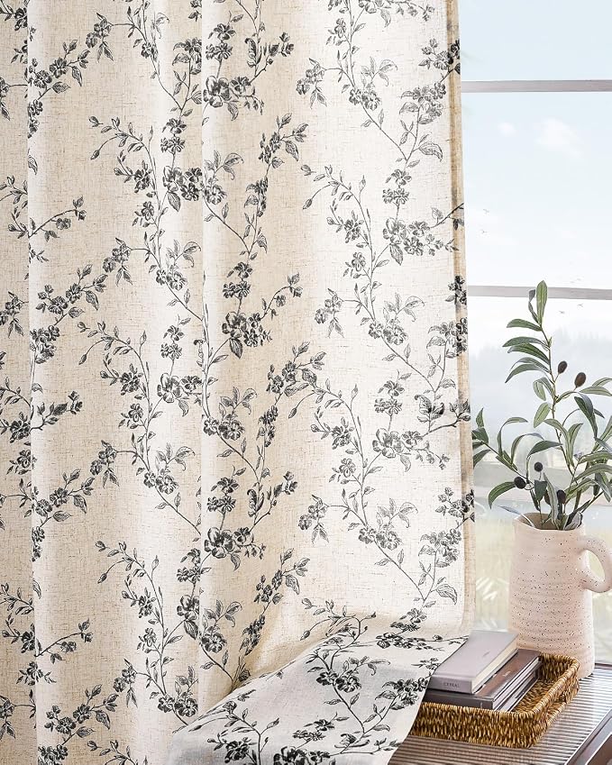 Black Vintage Floral Linen Curtains Farmhouse 38W X 84L 2 Panels | Elisa Series - Image 8