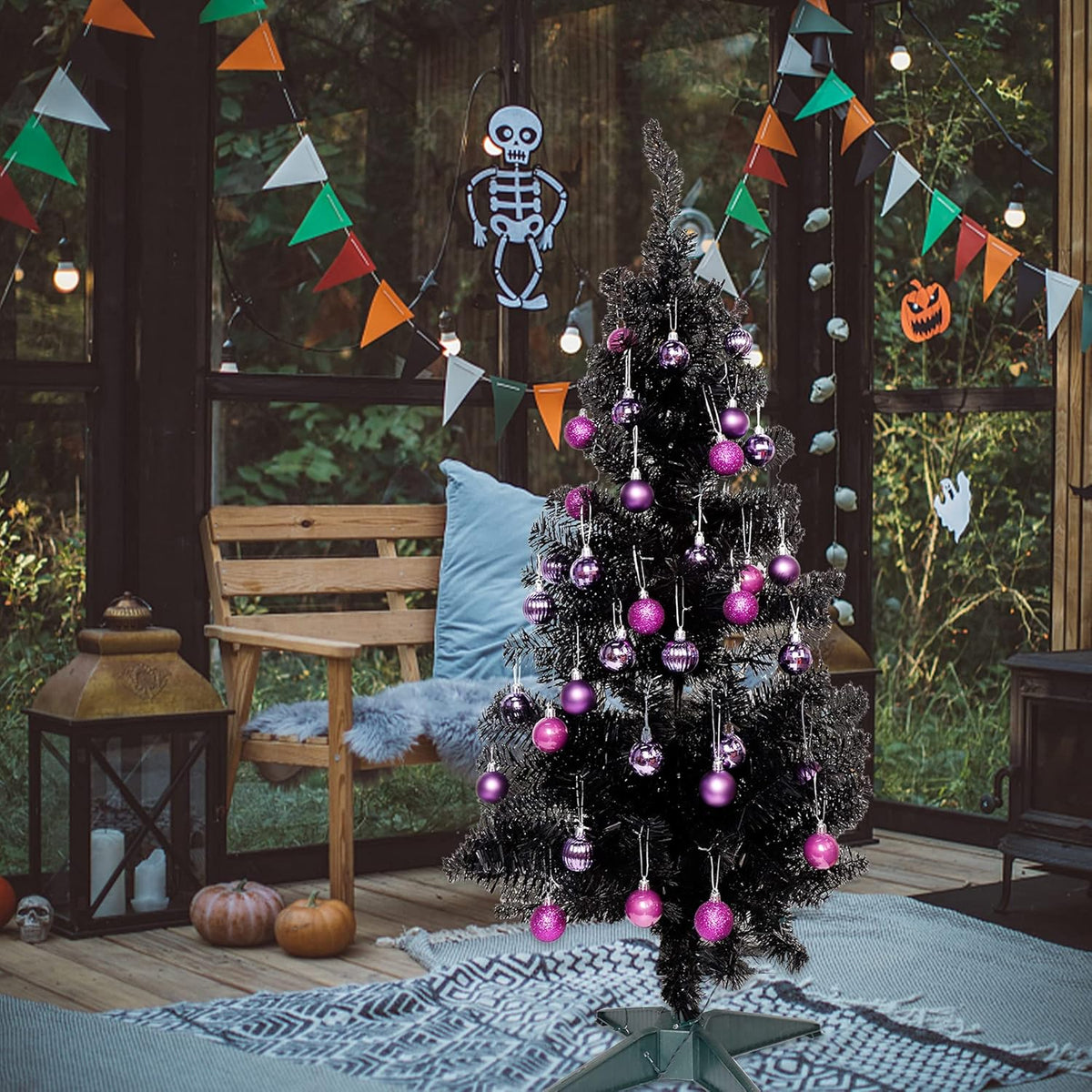 Lulu Home Halloween Hanging Ornaments, 34 Ct 1.57" Pre-Strung Plastic Balls, Shatterproof Barrel Packed Balls for Holiday Party Wreath Tabletop Tree Decorations, Purple