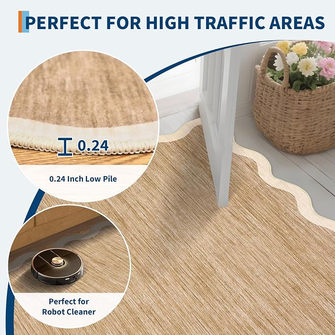 GarveeHome Scalloped Round Washable Rug 5ft Soft Non Slip, Light Brown | Circle - Image 6