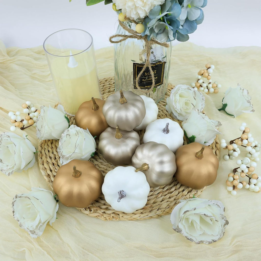 Fake Pumpkins, 21 Pcs White Artificial Pumpkins, Plastic Pumpkin Berries Rose Artificial Flowers Fall Decoration Kit for Thanksgiving Table Decoration
