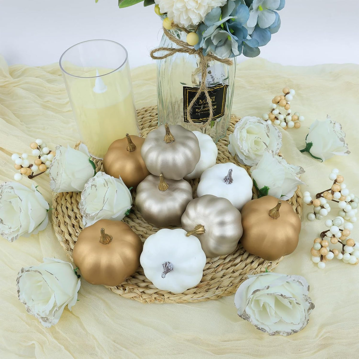 Fake Pumpkins, 21 Pcs White Artificial Pumpkins, Plastic Pumpkin Berries Rose Artificial Flowers Fall Decoration Kit for Thanksgiving Table Decoration